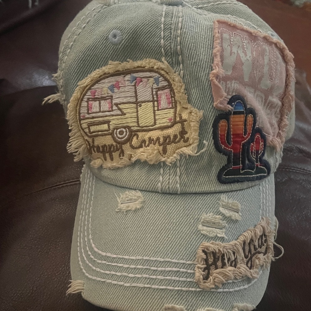 Distressed Denim Cap with Patches